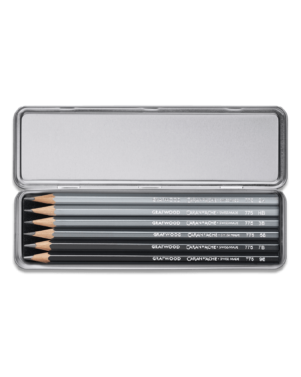 Graphite Line Metal Box Set with 9B,7B,5B,3B,HB & 2H Grafwood pencils
